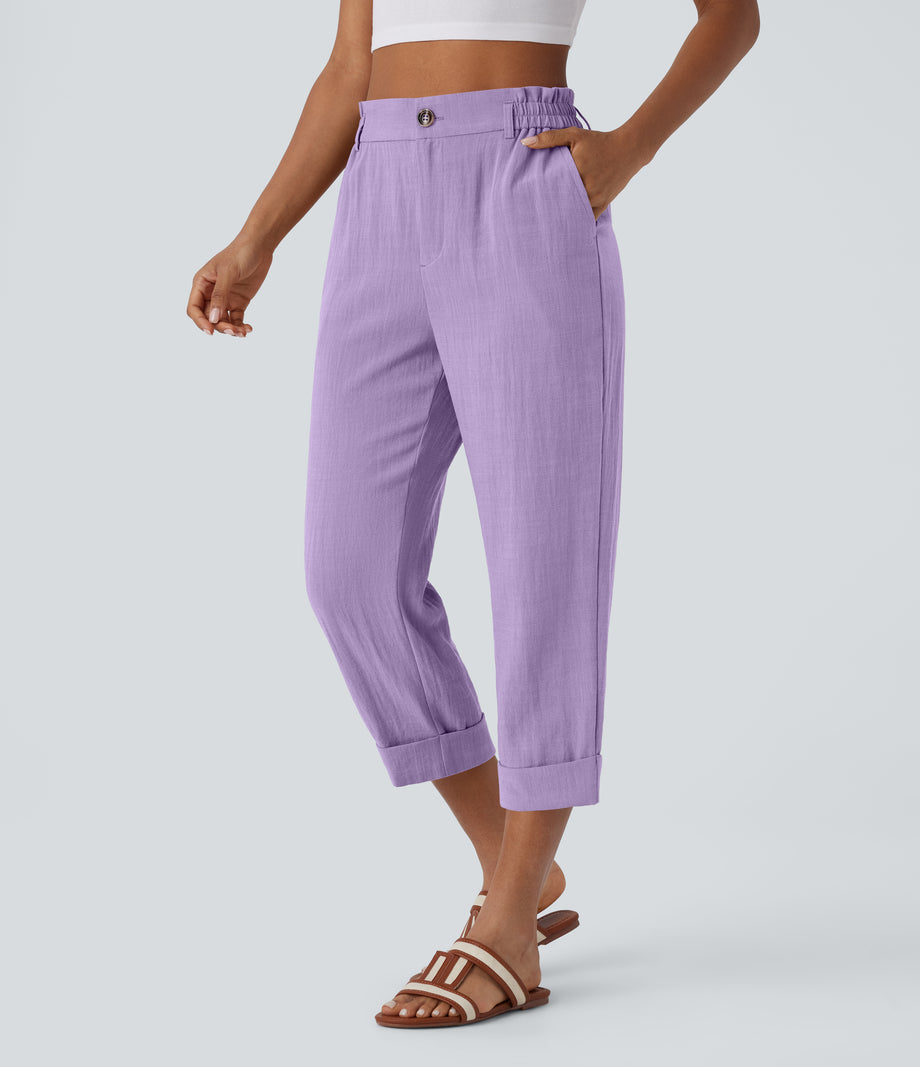 High Waisted Zipper Pocket Cropped Linen-Feel Pants - Lilac Breeze