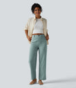 High Waisted Straight Leg Casual Linen-Feel Pants with Pockets - Silverwood Sage