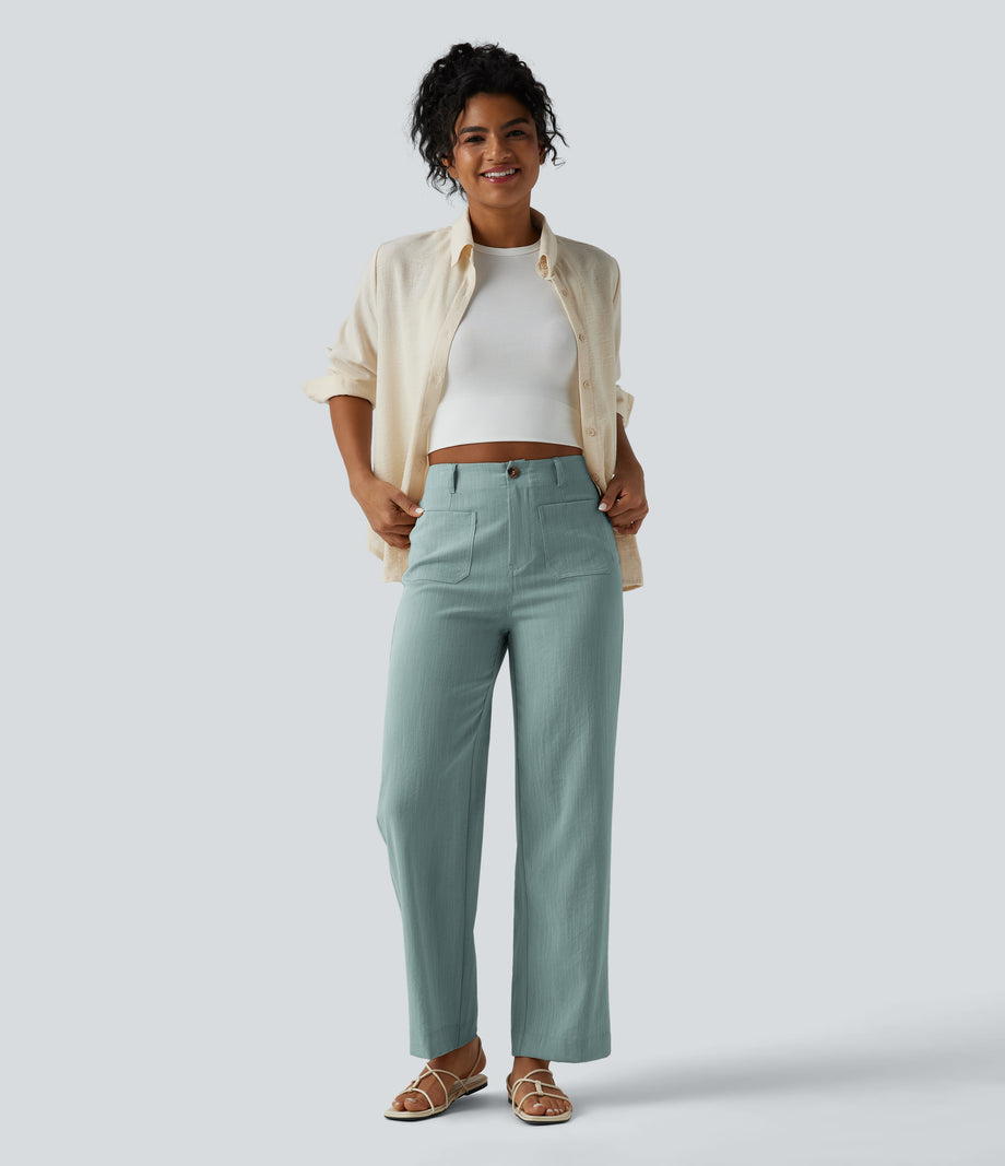 High Waisted Straight Leg Casual Linen-Feel Pants with Pockets - Silverwood Sage