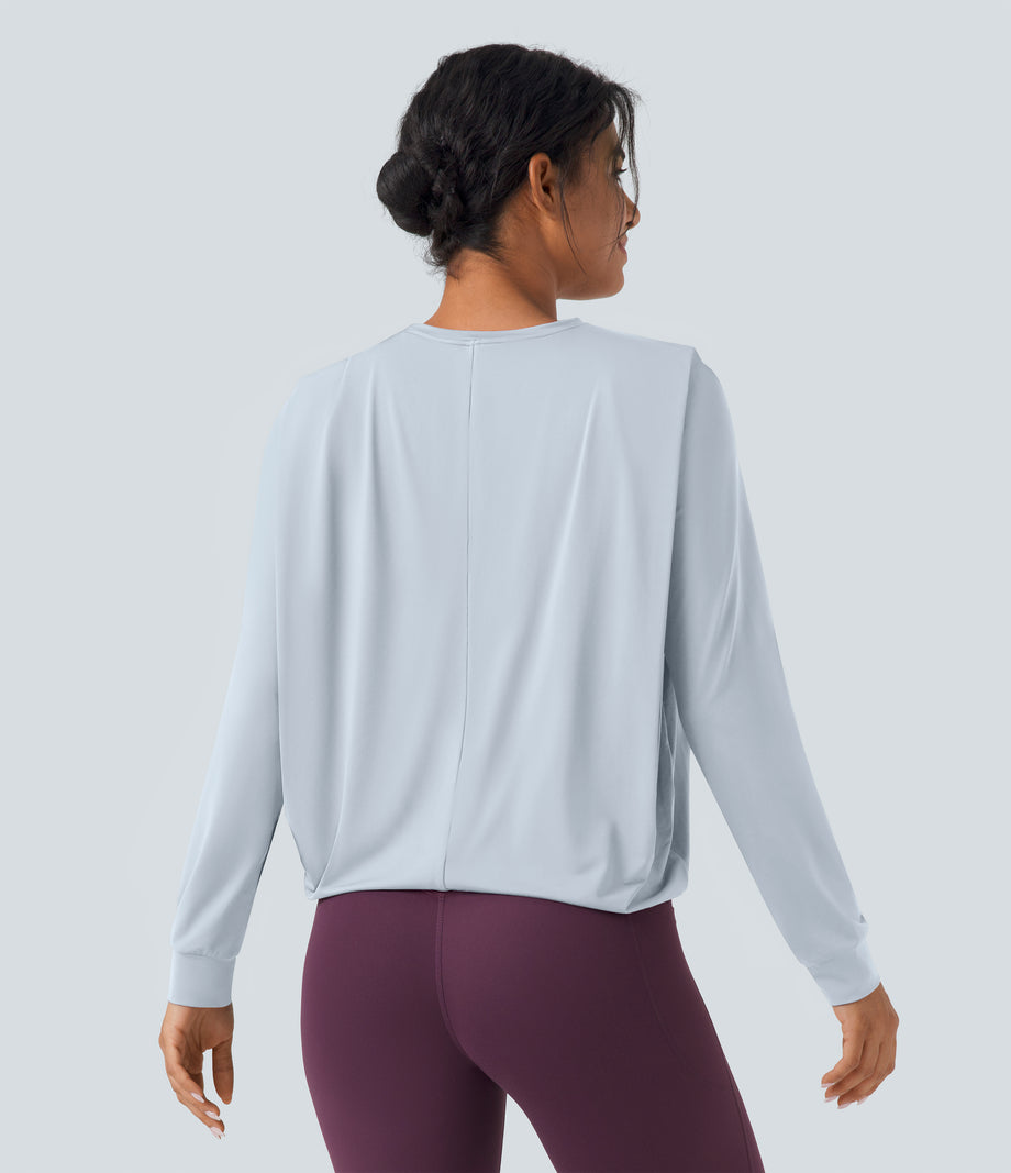 Round Neck Long Sleeve Ruched Yoga Sports Top-UPF50+ - Illusion Blue