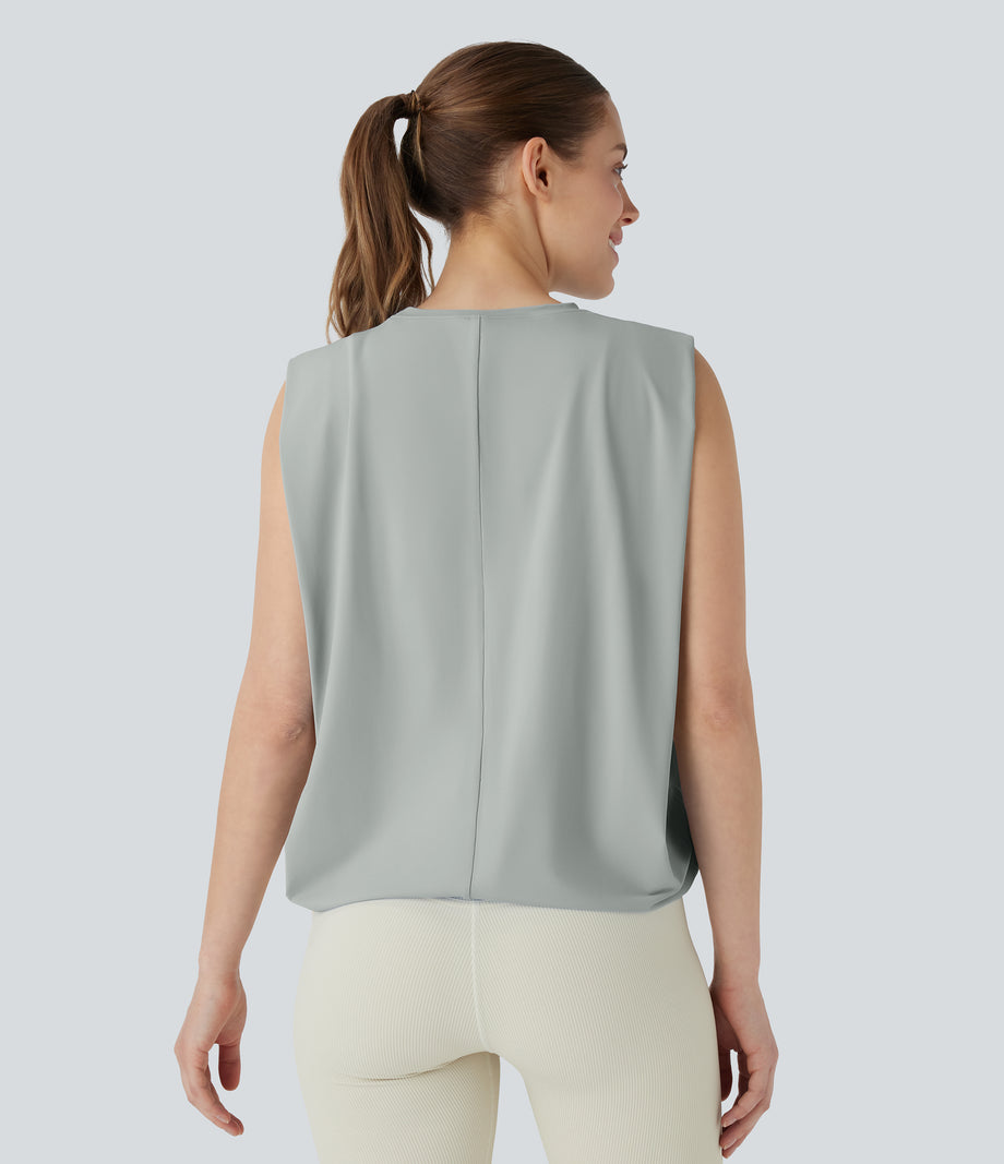 Round Neck Ruched Cool Touch Yoga Tank Top-UPF50+ - Mirage Gray