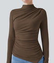 Mock-neck Long Sleeve Ruched Asymmetric Hem Thermal Casual Top - Dark Earth