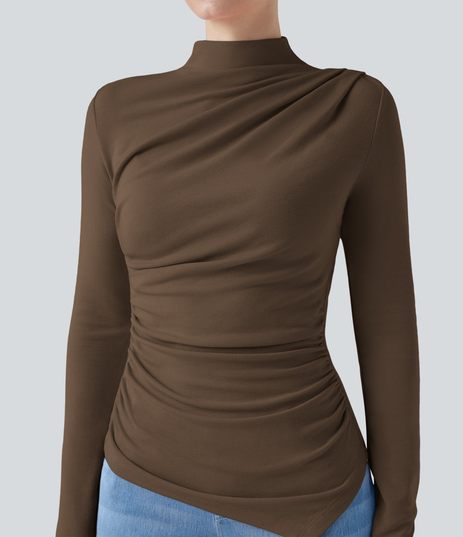 Mock-neck Long Sleeve Ruched Asymmetric Hem Thermal Casual Top - Dark Earth