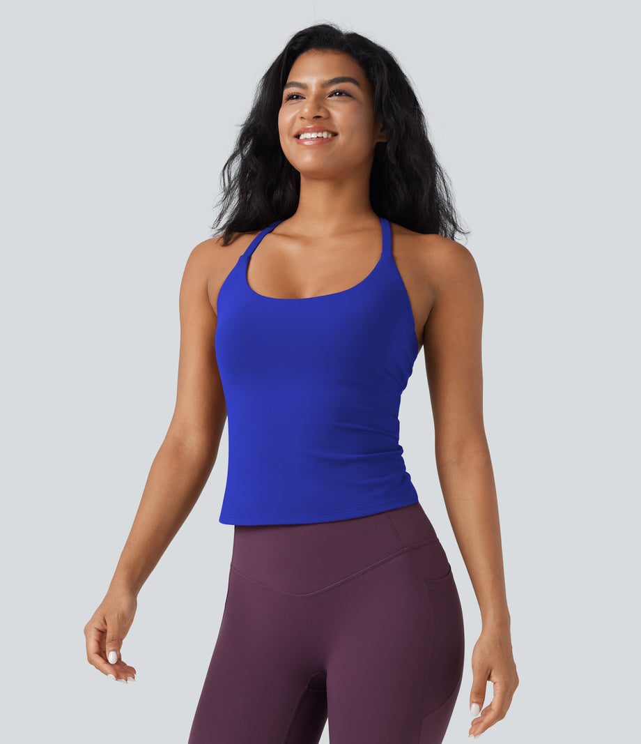 Scoop Neck Crisscross Back Crossover Hem Yoga Cami Top - Night Sky Blue
