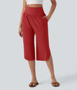 Breezeful™ High Waisted Tummy Control Hem Quick Dry Capri Pants with Pockets - Pompeian Red