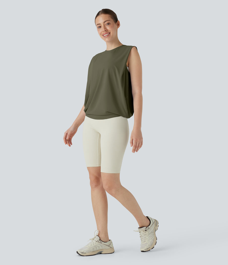 Round Neck Ruched Cool Touch Yoga Tank Top-UPF50+ - Grass Grey Green