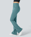 High Waisted Side Flap Pocket Flare Casual Cargo Pants - Stone Green