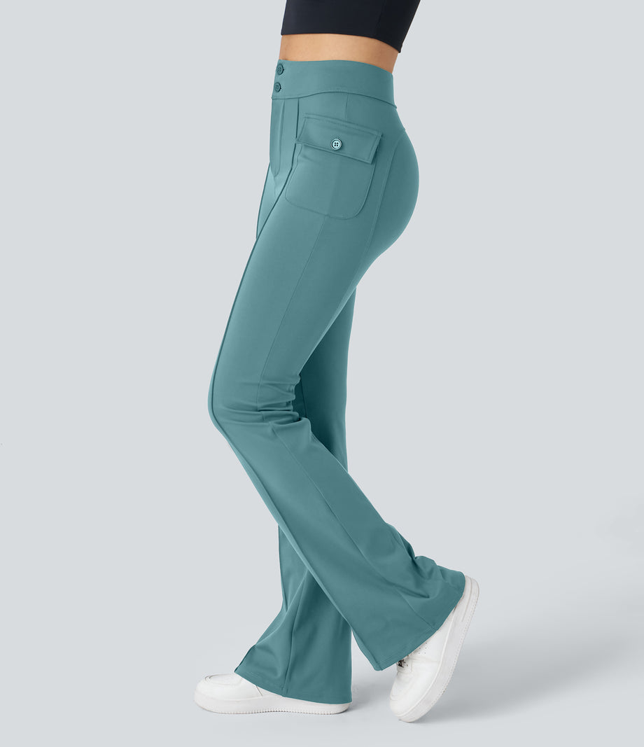 High Waisted Side Flap Pocket Flare Casual Cargo Pants - Stone Green