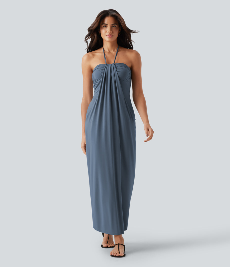 Halter Tie Back Maxi Dress with Pockets - Mountain Spring
