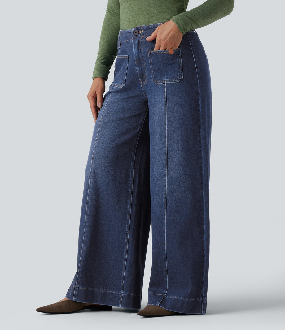 Halara Flex™ High Waisted Pockets Washed Casual Wide Leg Jeans - Estate Blue Denim