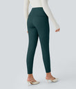 High Waisted Tummy Control Decorative Back Zipper Pockets Herringbone Work Leggings - Dark Sea