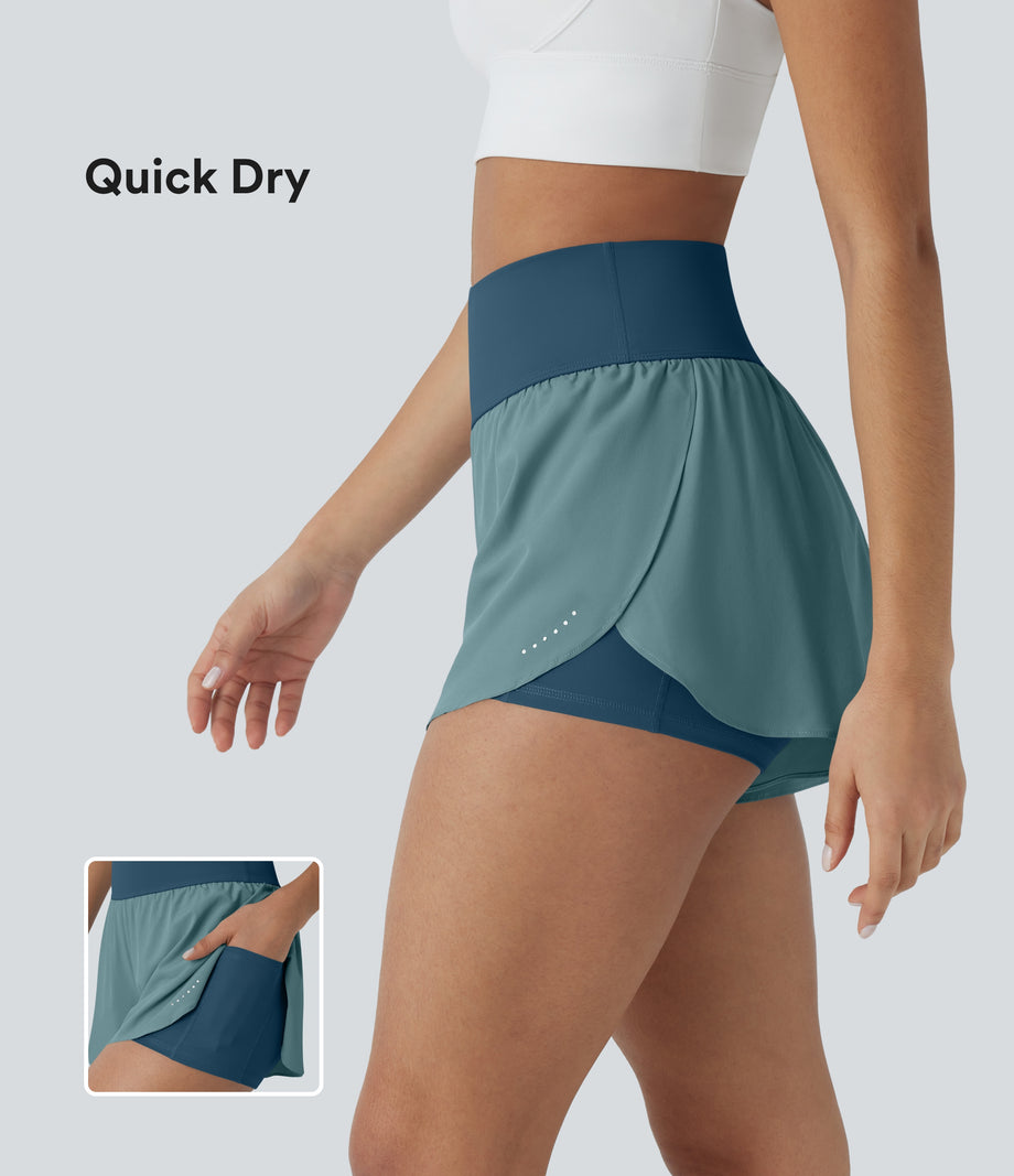 SoftlyZero™ QuickDry High Waisted Tummy Control Reflective Dots Crossover Hem 2-in-1 Running Shorts 3'' with Pockets - Dragonfly