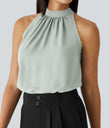 Keyhole Back Halter Sleeveless Curved Hem Work Blouse - Pale Clay Green
