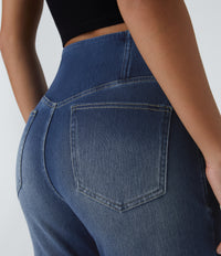 Halara Flex™ High Waisted Crossover Pocket Washed Casual Flare Jeans - Royal Blue Denim