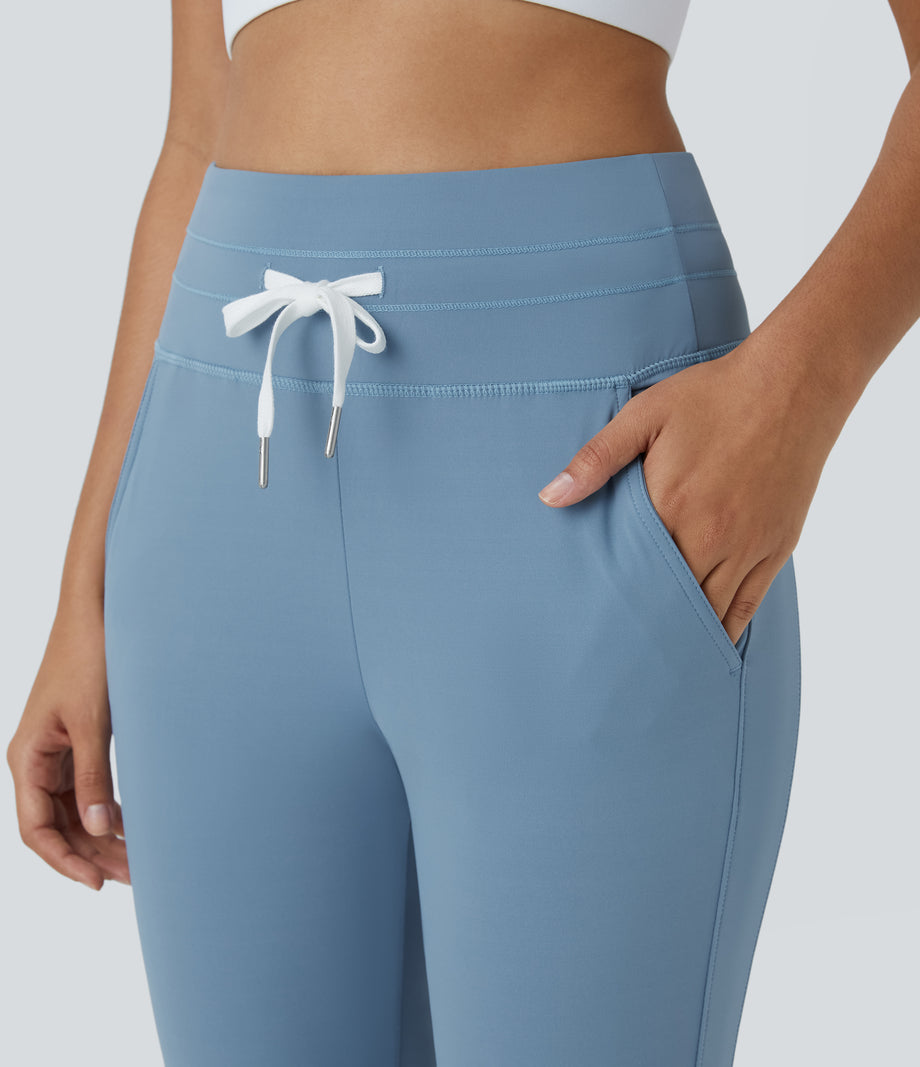 SoftlyZero™ Plush High Waisted Drawstring Pocket Plain Full Length Joggers - Grey Blue