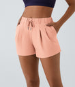High Waisted Elastic Waistband Drawstring Pleated Yoga Shorts 3" with Pockets - Peach Parfait