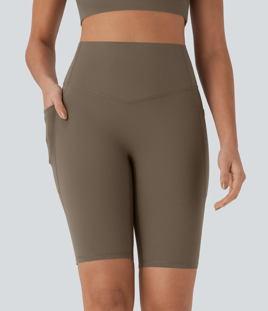 Halara UltraSculpt™ High Waisted Tummy Control Pocket Shaping Training Biker Shorts 9'' - Dawn Brown