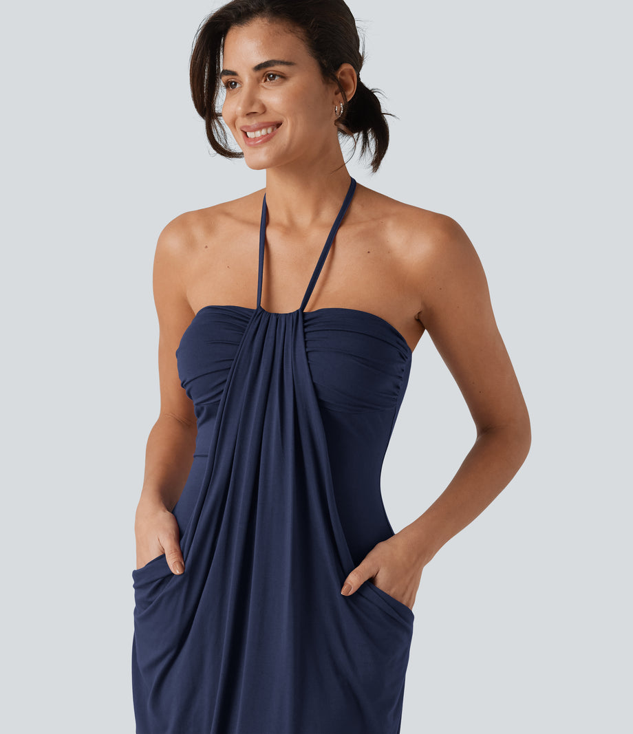 Halter Tie Back Mini Resort Dress with Pockets - Naval Academy