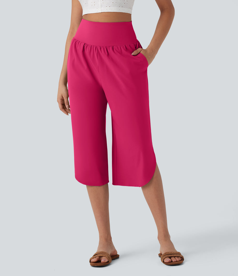 Breezeful™ High Waisted Tummy Control Hem Quick Dry Capri Pants with Pockets - Bright Rose