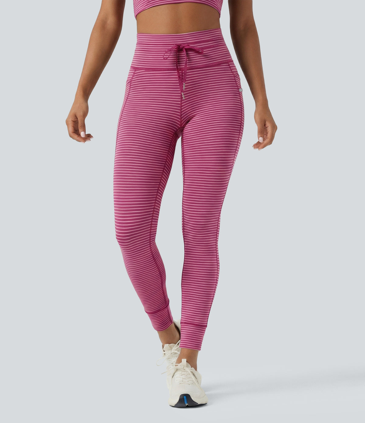 High Waisted Drawstring Striped Yoga Leggings with Pockets - Berry Stripe