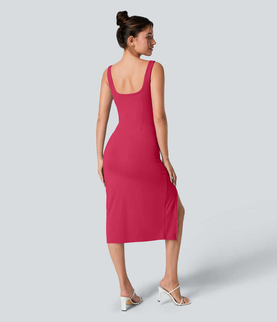 SoftlyZero™ Airy Square Neck Backless Corset Ruched Split Bodycon Midi Cool Touch Bridesmaid and Wedding Guest Dress - Winterberry