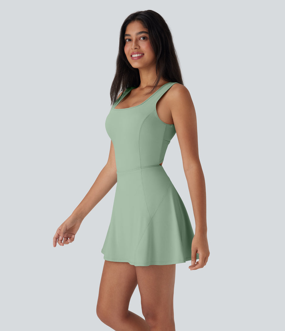 SoftlyZero™ Airy U Neck 2-in-1 Pocket Mini Cool Touch Dance Active Dress-Easy Peezy - Light Bean Green