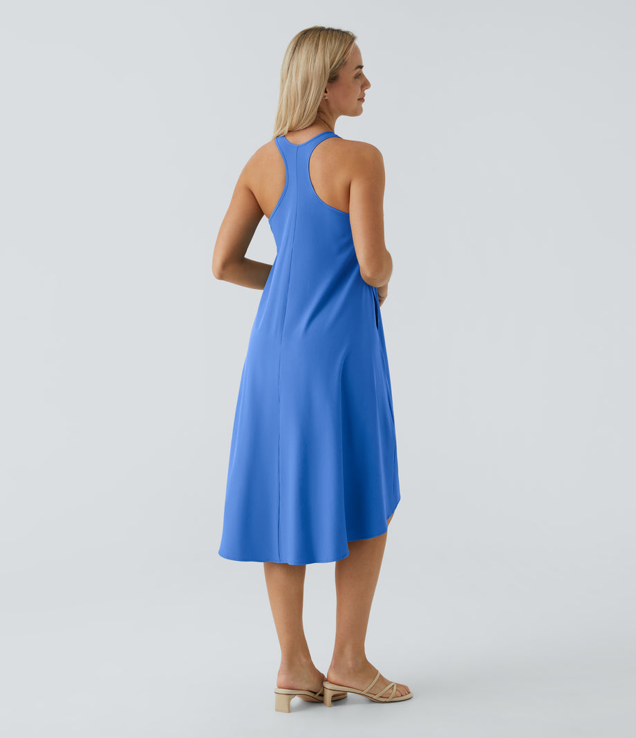 Breezeful™ Backless Racerback Side Pocket High Low Flowy Midi Quick Dry Casual Dress - Nebulas Blue