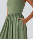 Twisted Backless Split Flowy Maxi Resort Dress with Pockets - Light Green Floral Yarn