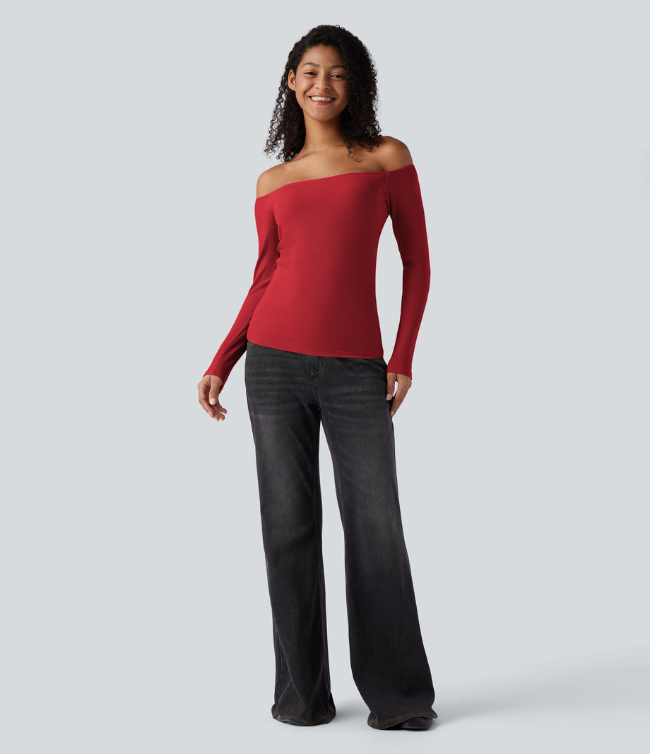 Ribbed Knit Off Shoulder Long Sleeve 2-in-1 Casual Top - Samba