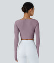 Ribbed Halter Strap Thumb Hole Cropped Yoga Sports Top - Fragrant Purple