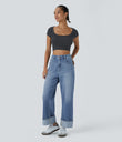 Halara Flex™ High Waisted Pockets Rolled Hem Wide Leg Washed Casual Jeans - Cedar Blue Denim