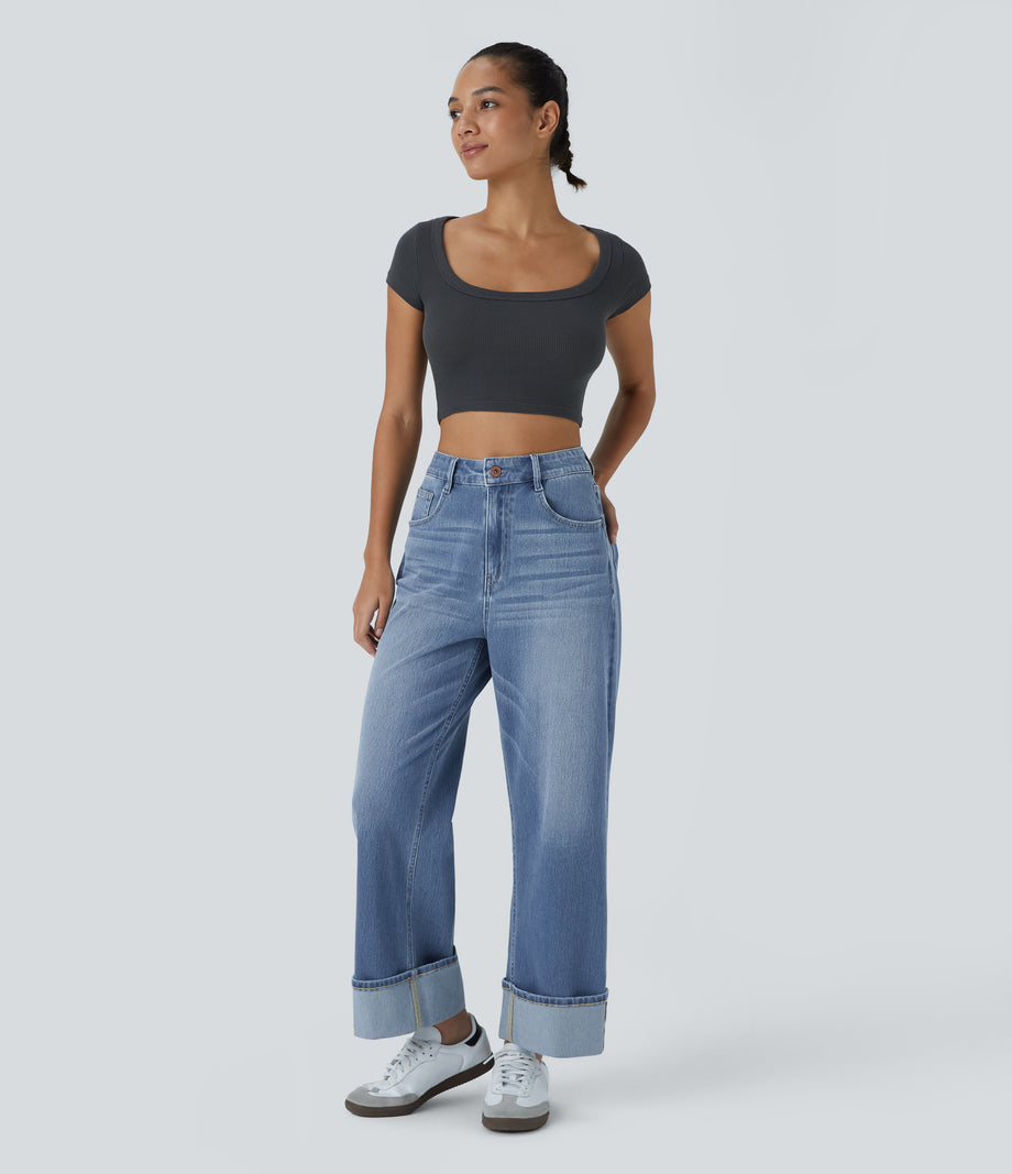 Halara Flex™ High Waisted Pockets Rolled Hem Wide Leg Washed Casual Jeans - Cedar Blue Denim
