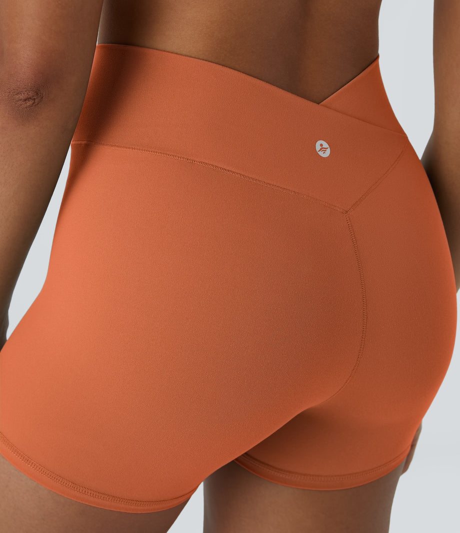 SoftlyZero™ High Waisted Crossover Plain Yoga Biker Shorts 3''-UPF50+ - Spice Route
