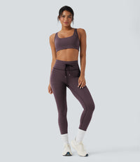 High Waisted Drawstring Striped Yoga Leggings with Pockets - Plum Ridge