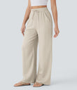 High Waisted Drawstring Pocket Wide Leg Baggy Casual Linen-Feel Pants - Whisper White