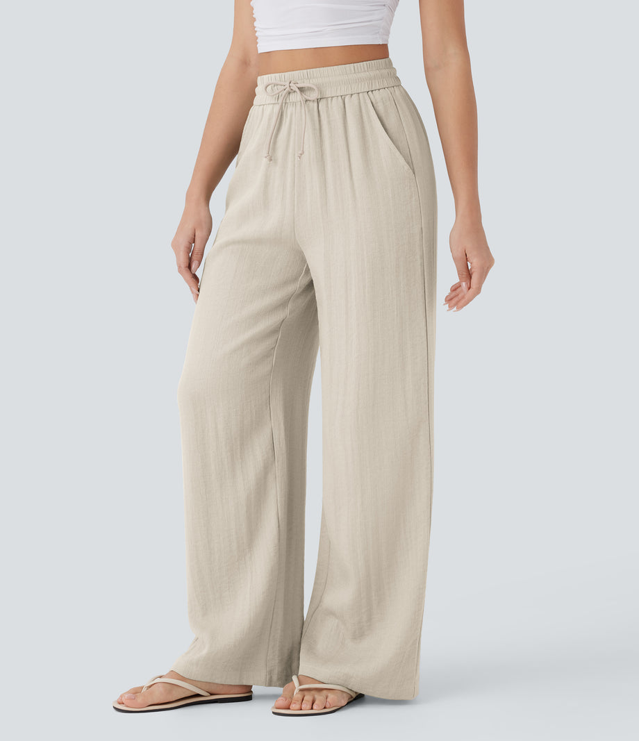 High Waisted Drawstring Pocket Wide Leg Baggy Casual Linen-Feel Pants - Whisper White