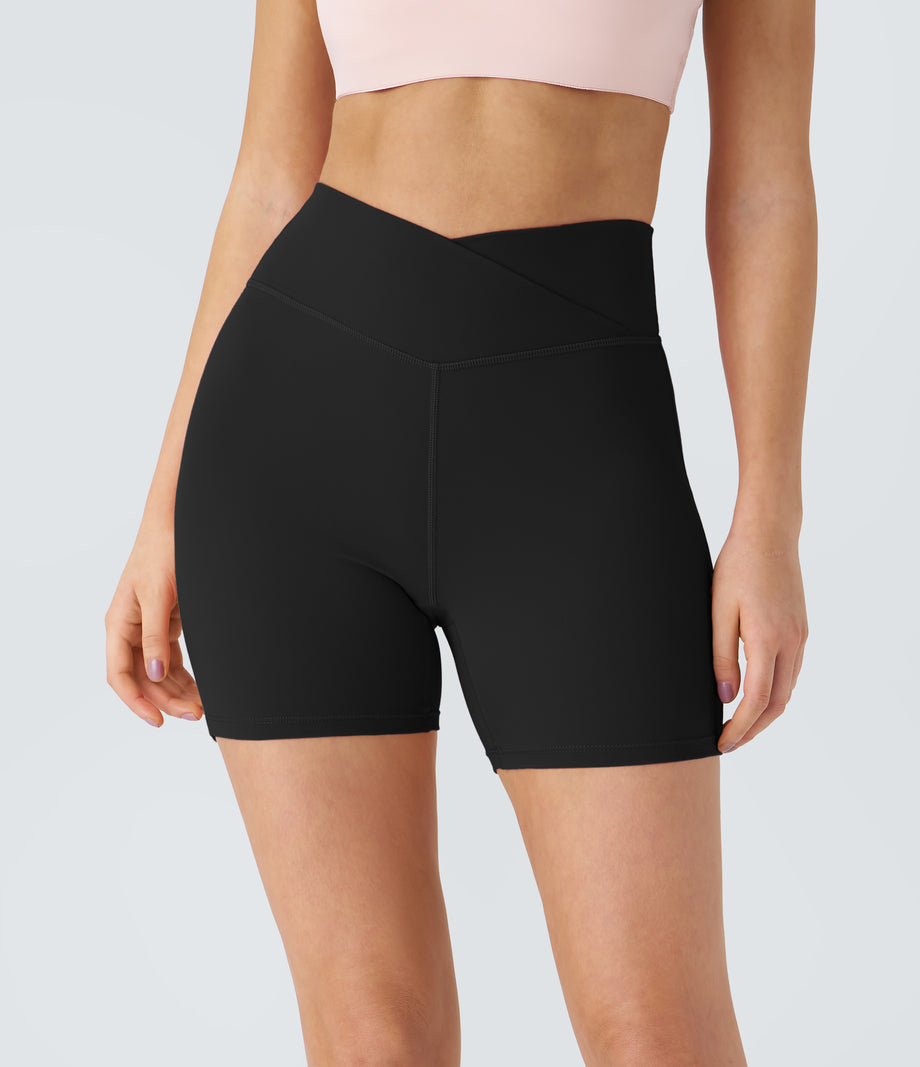 SoftlyZero™ Plush High Waisted Crossover Ruched Yoga Shorts 5'' - Black