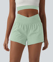 SoftlyZero™ Airy Crossover High Waisted 2-in-1 Cool Touch Yoga Shorts 3'' with Pockets - Light Bean Green