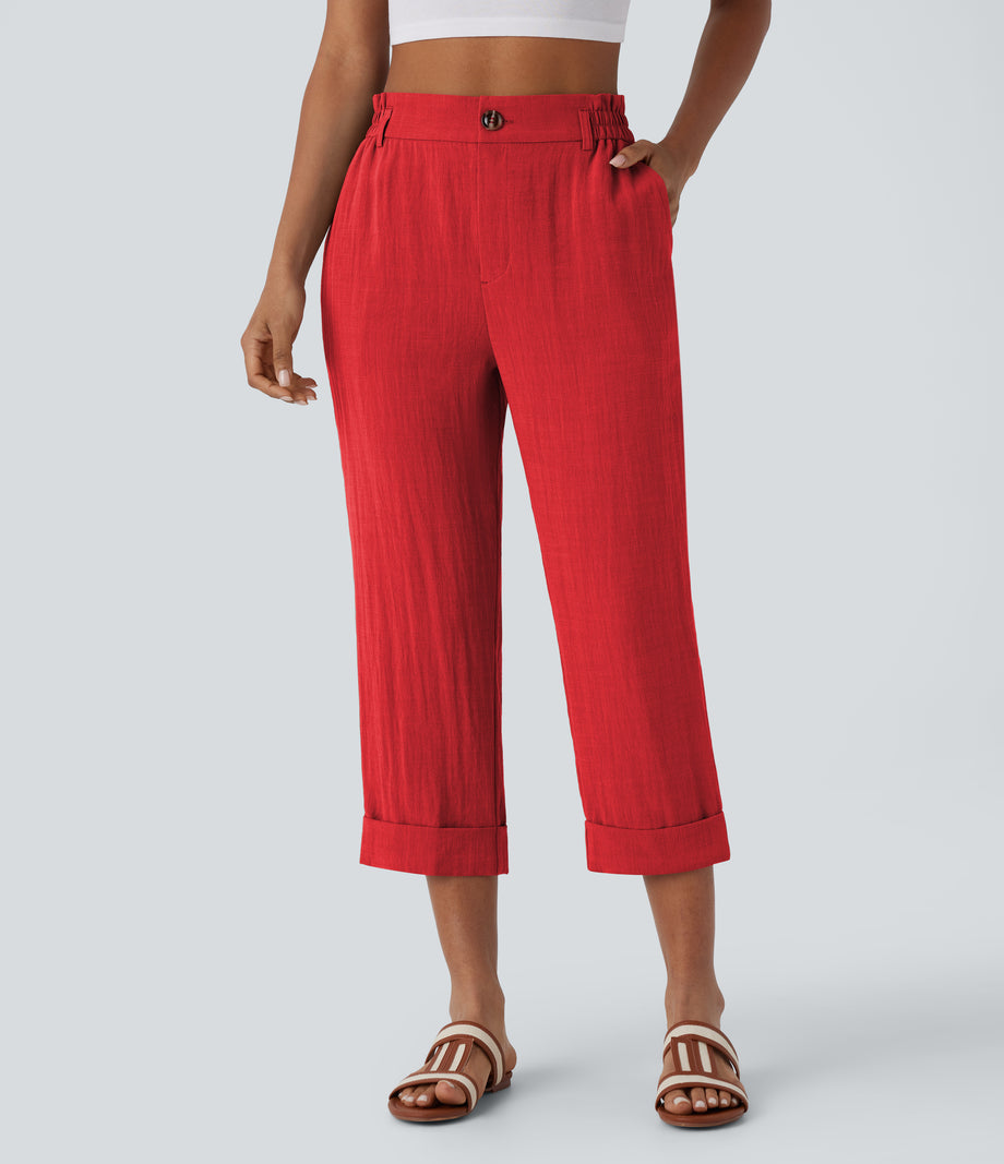 High Waisted Zipper Pocket Cropped Linen-Feel Pants - High Risk Red
