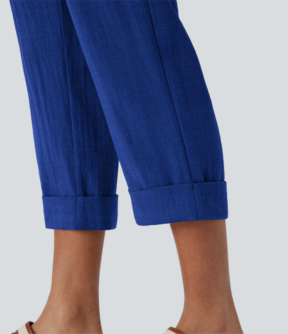 High Waisted Zipper Pocket Cropped Linen-Feel Pants - Surf the Web