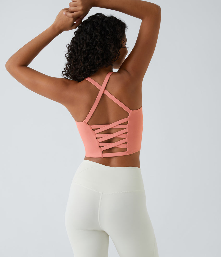 Crisscross Backless Built-in Bra Cropped Running Tank Top A-D Cups - Blooming Dahlia