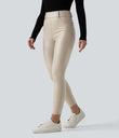 High Waisted Stretchy PU Fleece Casual Leggings with Pockets - French Oak