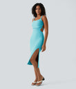 Ruched Lace Up Bodycon Midi Casual Dress - Loka Blue