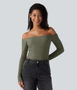 Ribbed Knit Off Shoulder Long Sleeve 2-in-1 Casual Top - Dusty Olive