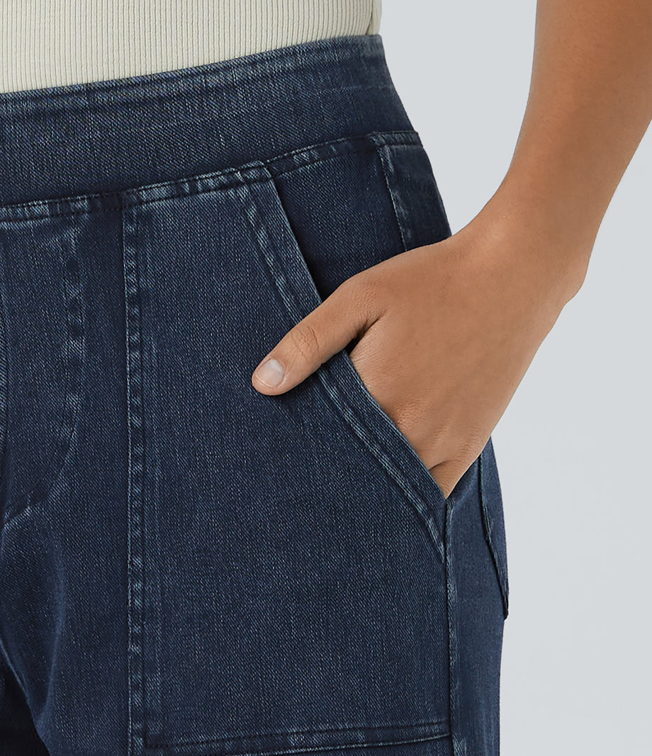 Halara Flex™ Mid Rise Pockets Straight Leg Casual Cargo Jeans - Washed Denim Navy Blue