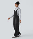 Halara Flex™ V Neck Pocket Washed Denim Casual Overalls - Dirty Grey Black Denim