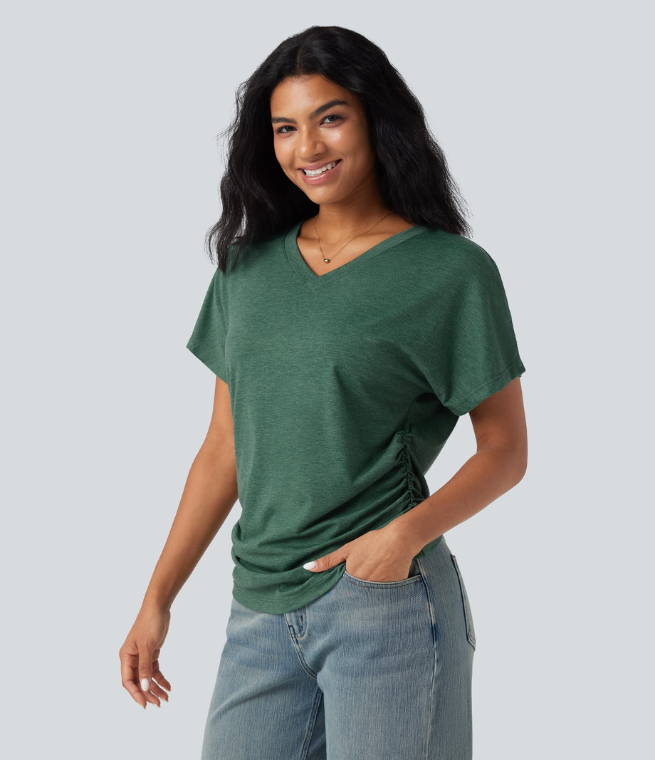 V-neck Short Sleeve Ruched Relaxed Casual Top - Emerald Floral Yarn