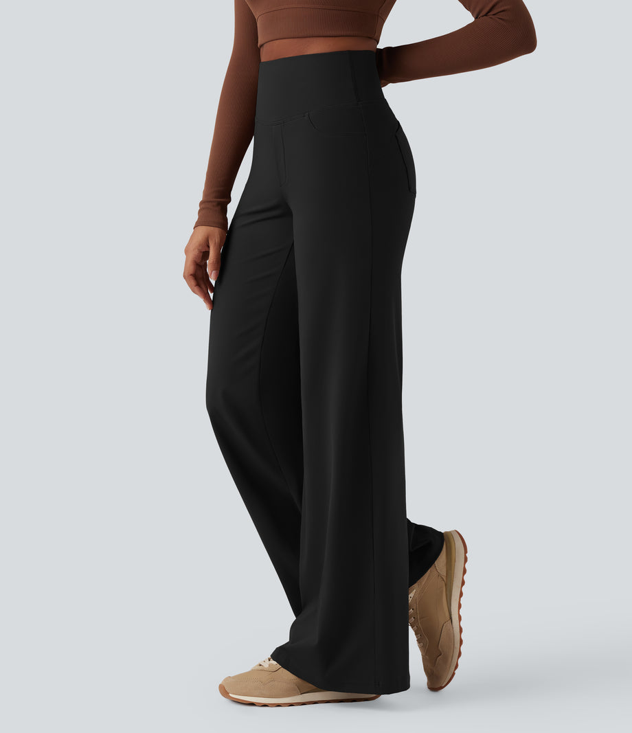 DayStretch High Waisted Tummy Control Wide Leg Baggy Yoga Pants with Pockets - Black