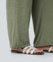 Crossover High Waisted Pocket Drawstring Casual Joggers - Light Green Floral Yarn