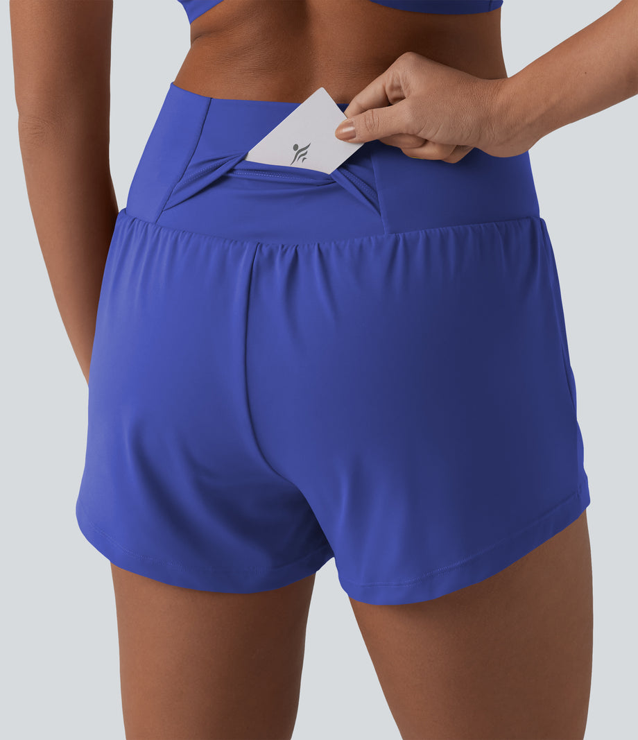 SoftlyZero™ Airy Crossover High Waisted 2-in-1 Cool Touch Yoga Shorts 3'' with Pockets - Aster Blue